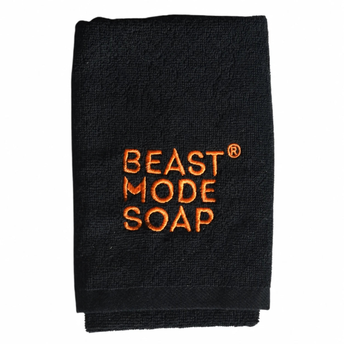 Black Beast Mode Soap cotton towel with orange embroidered logo and registered trademark symbol