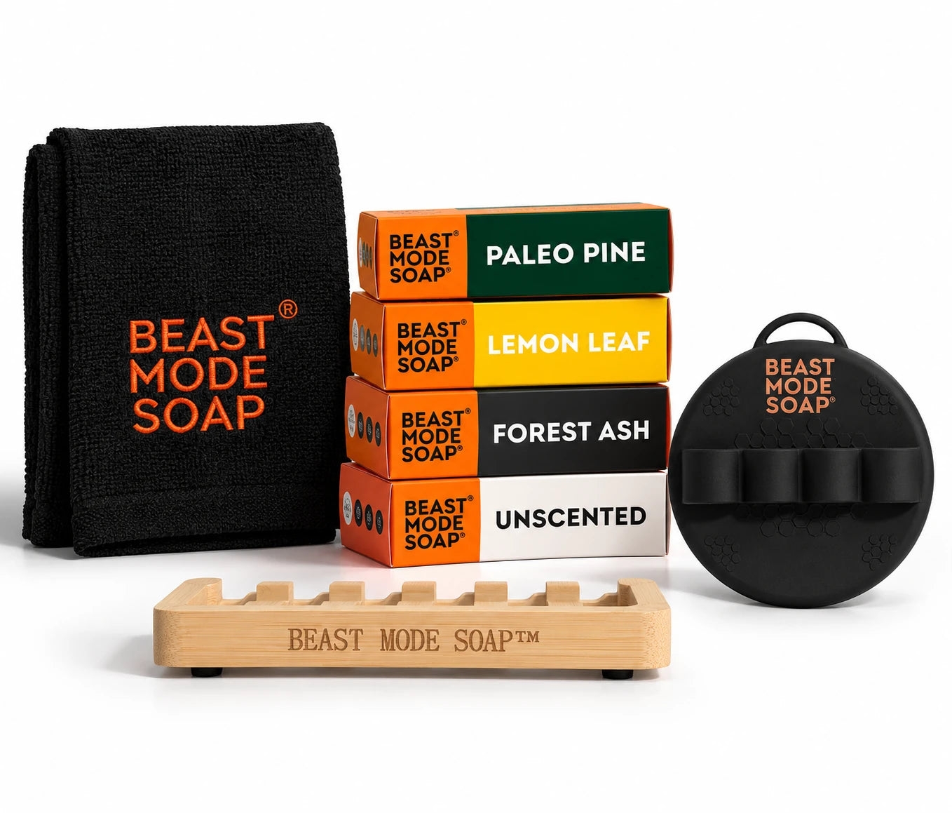 Starter Pack with four soap bars, a towel, scrubber and soap tray