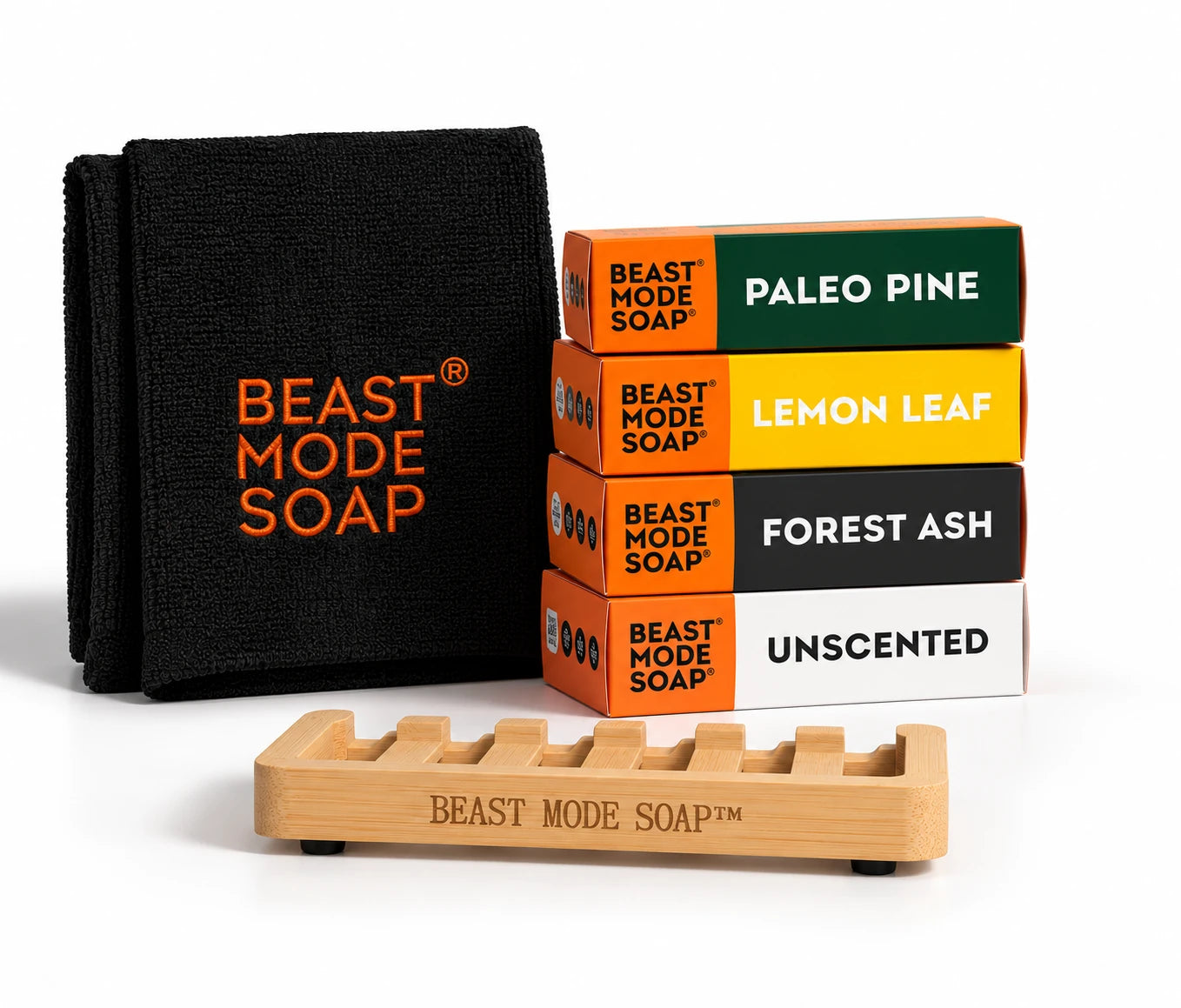 Gift Bundle with four soap bars, a towel and soap tray